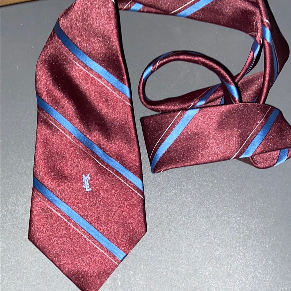 Yves Saint Laurent Burgundy and Blue Striped Men's Tie Neckwear